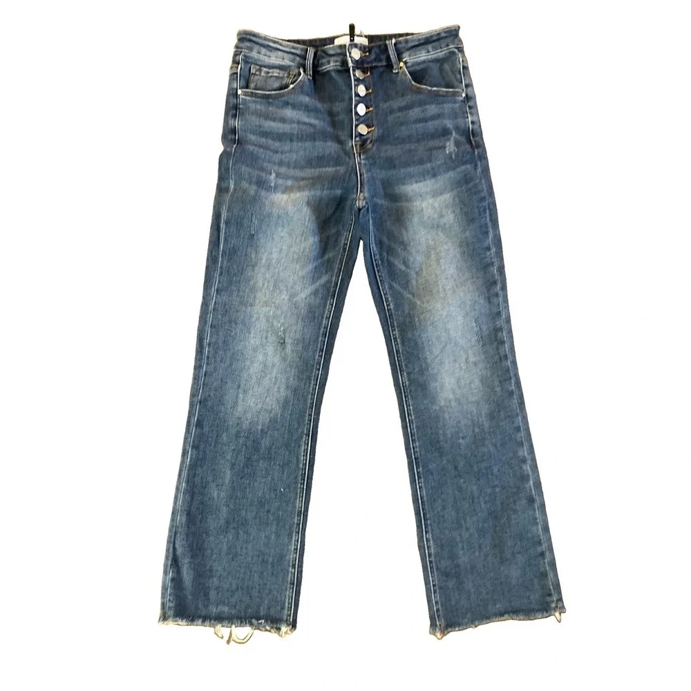 Risen Jeans Womens 11/30 Button Fly Wide Leg Frayed Hem Distressed Denim Blue